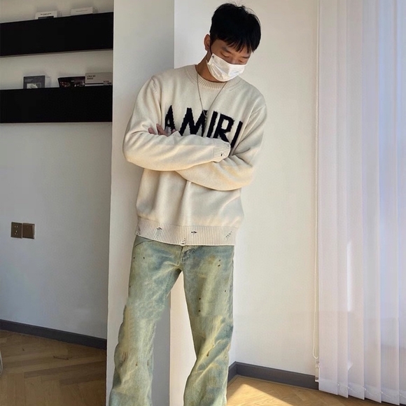 2023FW The latest cashmere letter crew-edge American High Street destroyed crew- - Picture 1 of 6